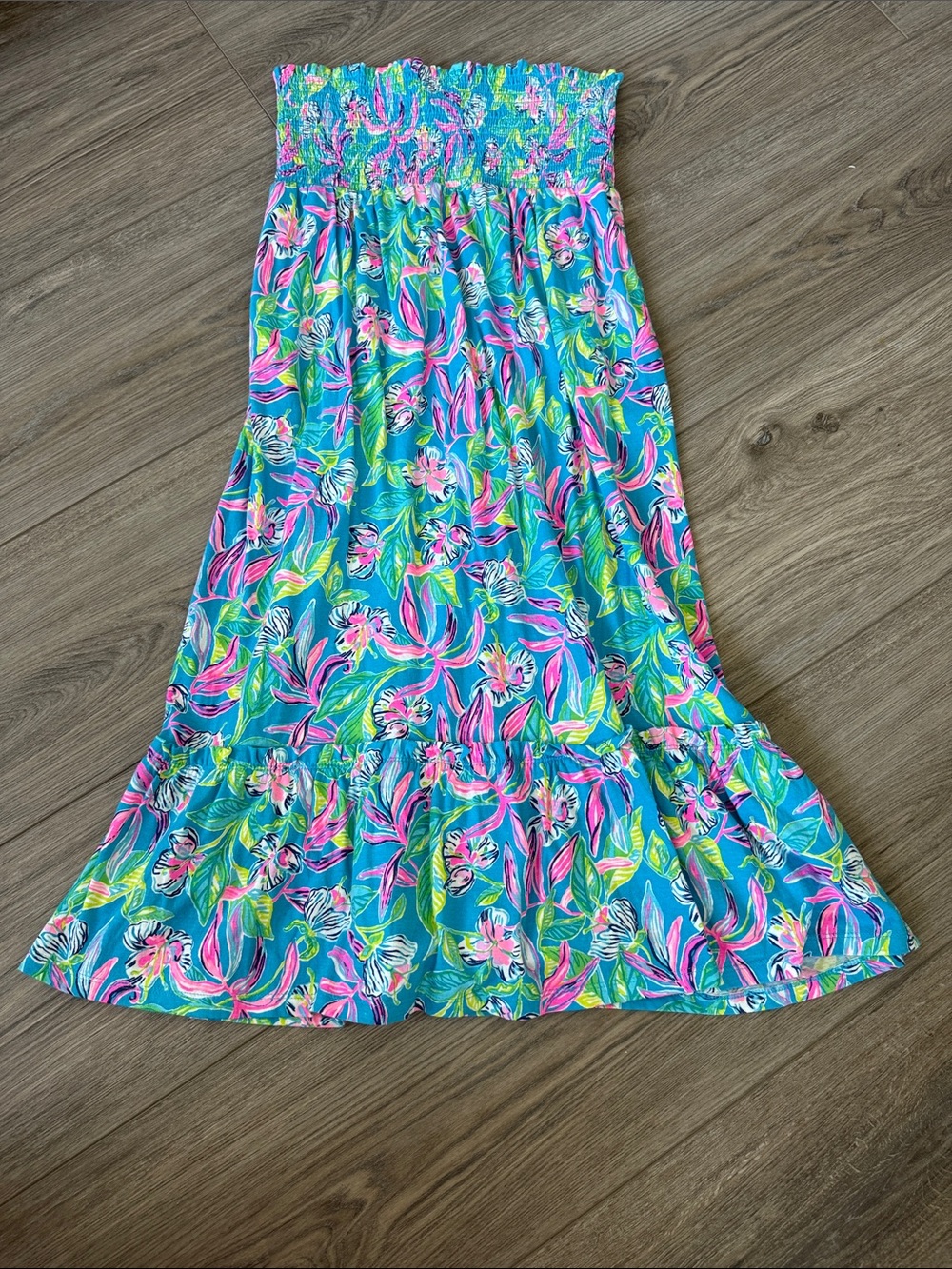 Lilly Pulitzer Girls Turquoise Pink Green Floral Smocked Maxi Dress